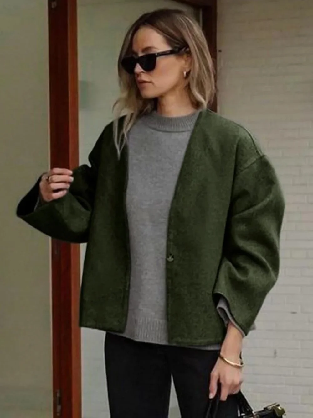 Women's Olive Wool Blend Cropped Collarless Long Sleeve Short Fall Pea Overcoat